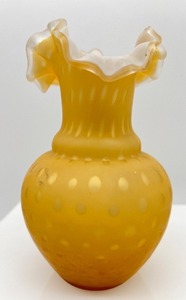 lot 45 image: Vintage Butterscotch Air Trapped Dot Bubble Glass Vase with Ruffles