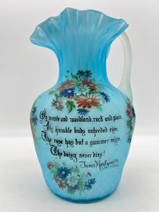 lot 66 image: Vintage Antique MT WASHINGTON Diamond Quilted Floral Poem Glass Pitcher - James Montgomery