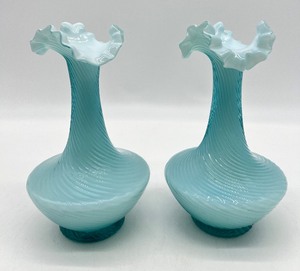 lot 67 image: Pair of Aqua FENTON Impressed Spiral Design Glass Vases with Ruffle Edge