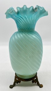 lot 69 image: Antique Vintage Blue Swirl MOP Glass Vase with Ormolu Feet