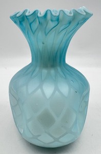 lot 77 image: Antique Victorian Blue Crimped Ruffle Bulbous&nbspGlass&nbspVase