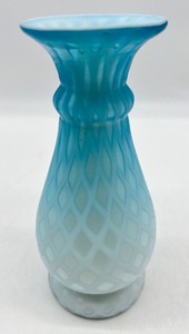 lot 78 image: Vintage Antique Blue Diamond Quilted MOP Vase with Cased Glass