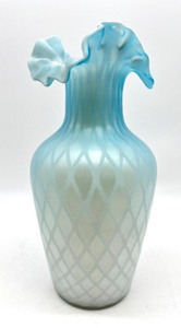 lot 79 image: Victorian Antique Diamond Quilted Crimped Ruffle&nbspGlass&nbspVase in Blue