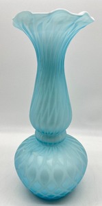 lot 80 image: Vintage Italian Blue Crimped Ringed Bulbous Vase in Blue with Cased Glass