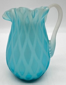 lot 83 image: Vintage Diamond Optic Ruffle Pitcher Glass Creamer in Blue with Applied Handle