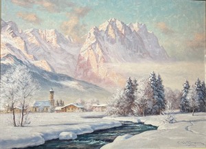 lot 86 image: UPDATE Vintage Original Oil Painting - ERWIN KETTEMANN -Wintergarten in Garmisch Zugspitze Waxenstein