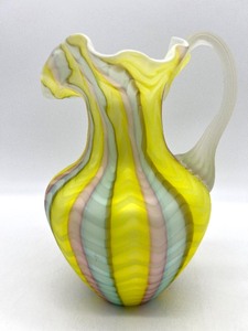 lot 89 image: Vintage Rainbow MOP Satin Glass Herringbone Ewer Pitcher