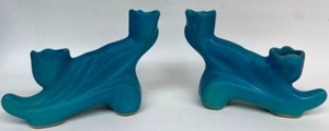 lot 238 image: Vintage VAN BRIGGLE Double Candlestick Holders in Aqua Signed