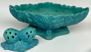 lot 239 image: Vintage VAN BRIGGLE Pottery Large Console Bowl & Acorn Flower Frog in Turquoise