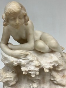 lot 7B image: Antique European Alabaster Art Nouveau Carved Nude Lady Looking over a Pond  Fountain  Light