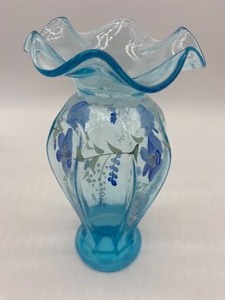 lot 200 image: Hand Painted FENTON Aqua Blue Vase with Ruffle Top