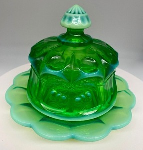 lot 209 image: MOSSER Cherry Thumbprint Green Opalescent Butter Dish Vintage 1950