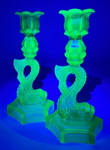 lot 137 image: IMPERIAL Uranium Glass Koi Fish Candlesticks