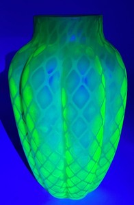 lot 13 image: Antique Uranium Stourbridge MOP Quilted Diamond Vase