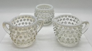 lot 213 image: FENTON Hobnail Moonstone Sugar, Creamer and Toothpick Holder