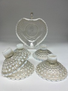 lot 215 image: FENTON White Hobnail Dish and 5 Candle Holders