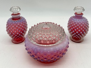 lot 195 image: RARE FENTON Cranberry Hobnail Vanity 6 Piece Set