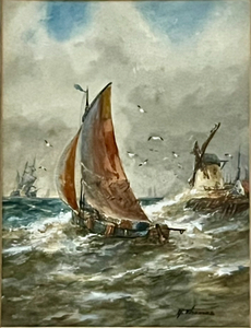 lot 35 image: Framed Artist Signed Artwork by ROBERT THOMAS FISHING SMACK OFF EAST COAST