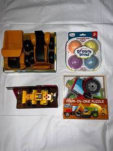 lot 19 image: 4 in 1 Puzzle set, Front Loader, John Deere Dump Truck & Tractor & a pack of Dream Sand