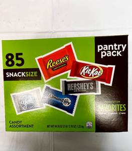 lot 111 image: 1x 85 ct box  Snack Size KitKat, Almond Joy, Reeses, Hersheys & York Peppermin Patties