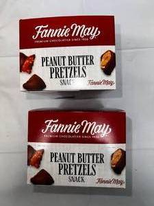 lot 142 image: 2x 6x 2.3 oz Bags Fanny May Chocolate Covered Peanut Butter Pretzel Bites