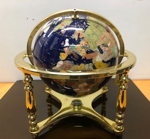 lot 28 image: Excellent Like-New Inlaid Gemstone World Globe wBrass Base