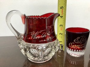 lot 164 image: Antique Cranberry Glass Souvenir Pitchers & Glass