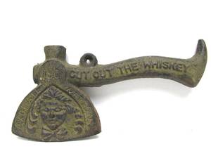 lot 247 image: Antique Cast Iron Advertising Axe - Lauret Stove & Range  Cut Out The Whiskey