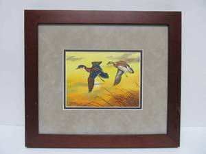 lot 265 image: Original Rhynard Klingbeil Watercolor Ducks in Flight Painting Sunset Signed 16