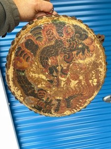 lot 207 image: Antique Double sided Oriental Hand Painted Animal Hide Drum