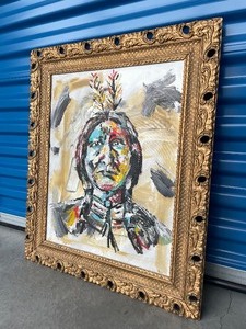 lot 209 image: Very Cool Original Pop Art Native American Chief Painting wAntique Frame