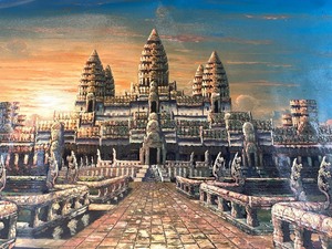 lot 206 image: LARGE Vintage Mid Century Oil on Canvas Painting of Angkor Wat Temple - Cambodia