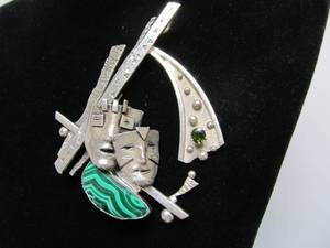 Impressive LARGE Sterling Silver Modernist Brooch wMalachite &amp Emerald