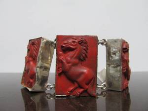 Vintage Oriental Style Sterling Silver &amp Carved Cinnabar Box Bracelet wRearing Stallions