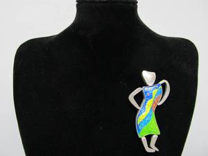 Large Retro Vintage 80s Sterling Silver &amp Enamel Figural Designer Brooch by William &amp Lisa Bailey