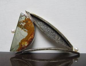 Large Modernist Sterling Silver Brooch wJasper &amp Pearls