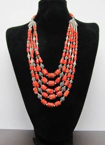 Beautiful 5-Strand Sterling Silver &amp Coral Bead Necklace