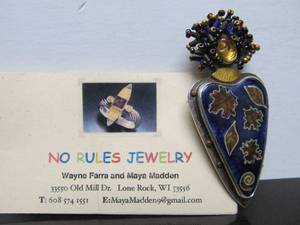 Signed Sterling Silver &amp 24K Gold Cloisonne Enamel Abstract Lady Brooch Pendant