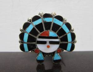 Signed Inlaid Zuni Sterling Silver Turquoise Coral &amp Onyx Brooch Pendant