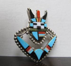 Signed Inlaid Zuni Sterling Silver Turquoise Coral &amp Onyx Brooch Pendant by Sybil Cachini