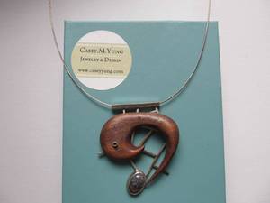 Great Looking Sterling Silver &amp Carved Wood Sculptural Pendant Necklace by Casey M. Yung