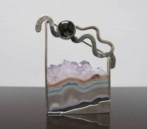 Signed Sterling Sliced Gemstone &amp Sterling Silver Modernist Brooch