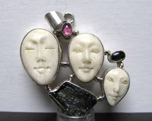Sterling Silver Brooch w3 Carved Bone Faces &amp Inset Gemstones