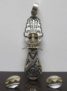 LARGE Signed Sterling Silver TOMMY SINGER Navajo Yei Figure Pendant &amp Matching Earrings