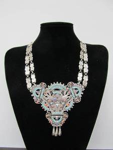 Large &amp Fantastic Signed Southwestern Sterling Silver Necklace wTurquoise Coral &amp Amethyst