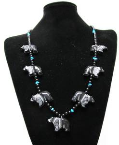 Southwestern Onyx &amp Turquoise Carved Stone Fetish Necklace wBears