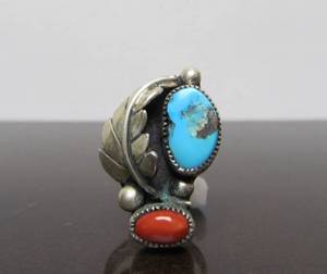 Vintage Southwestern Sterling Silver Turquoise &amp Red Coral Ring - Size 6.5