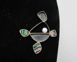 Signed Sculptural Modernist Sterling Silver Brooch wPearl &amp Abalone by Jan D. Gjaltema