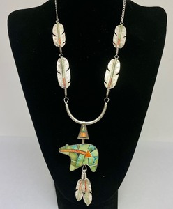 Gorgeous Signed Navajo Sterling Silver Inlaid Feather & Bear Pendant Necklace by Robert Vandover