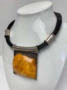LARGE Signed Modernist Sterling Silver &amp Amber Pendant Necklace